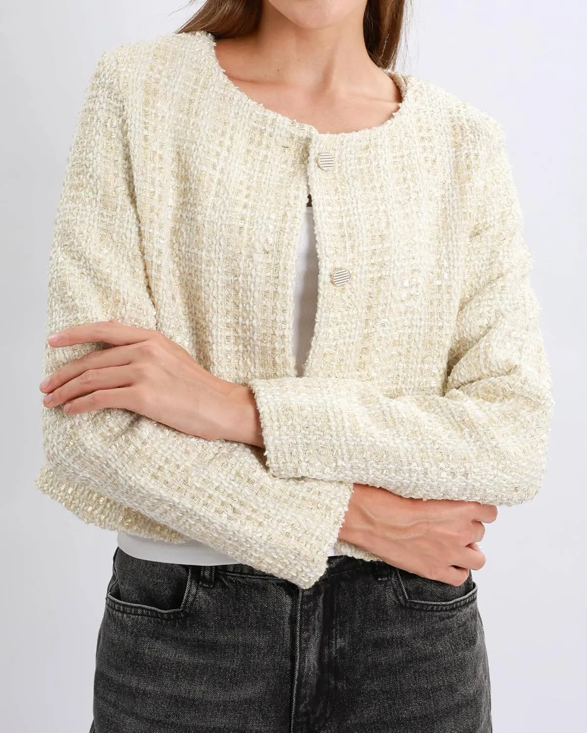 Xintianji Womens Cropped Blazer Jacket - Button Sparkling Yarn Detail Decorative Pockets Business Casual Blazer