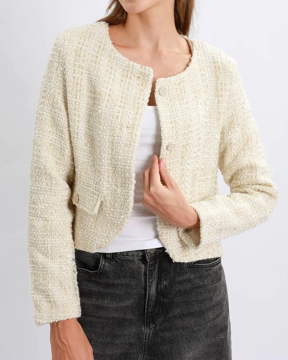 Xintianji Womens Cropped Blazer Jacket - Button Sparkling Yarn Detail Decorative Pockets Business Casual Blazer