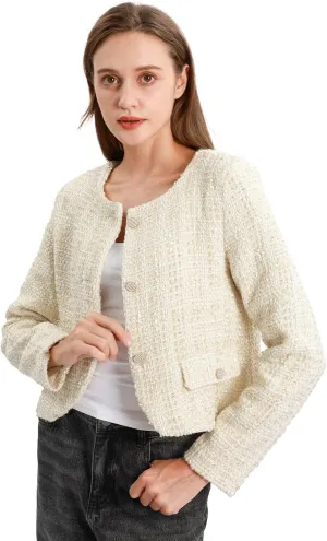 Xintianji Womens Cropped Blazer Jacket - Button Sparkling Yarn Detail Decorative Pockets Business Casual Blazer