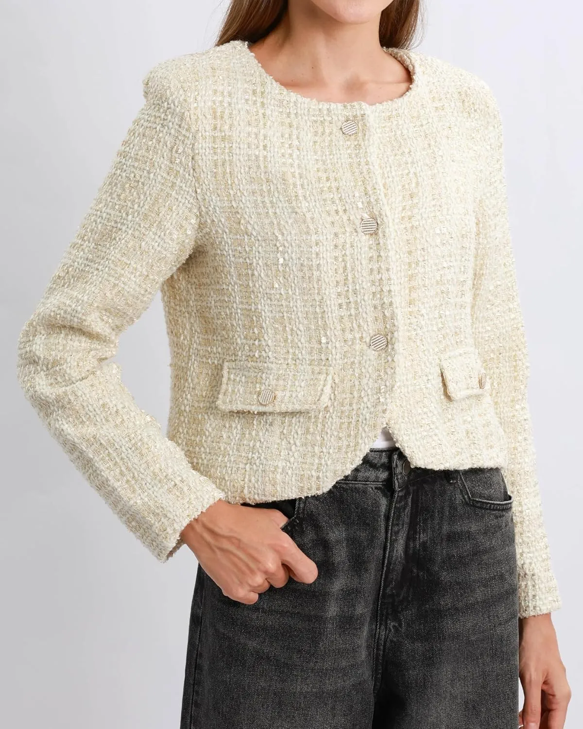 Xintianji Womens Cropped Blazer Jacket - Button Sparkling Yarn Detail Decorative Pockets Business Casual Blazer