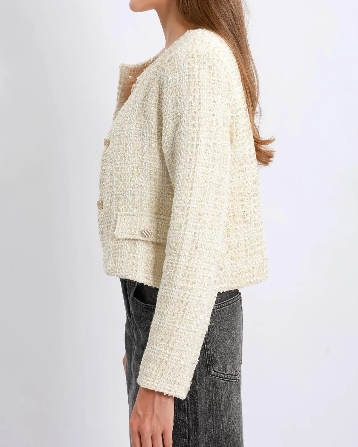 Xintianji Womens Cropped Blazer Jacket - Button Sparkling Yarn Detail Decorative Pockets Business Casual Blazer