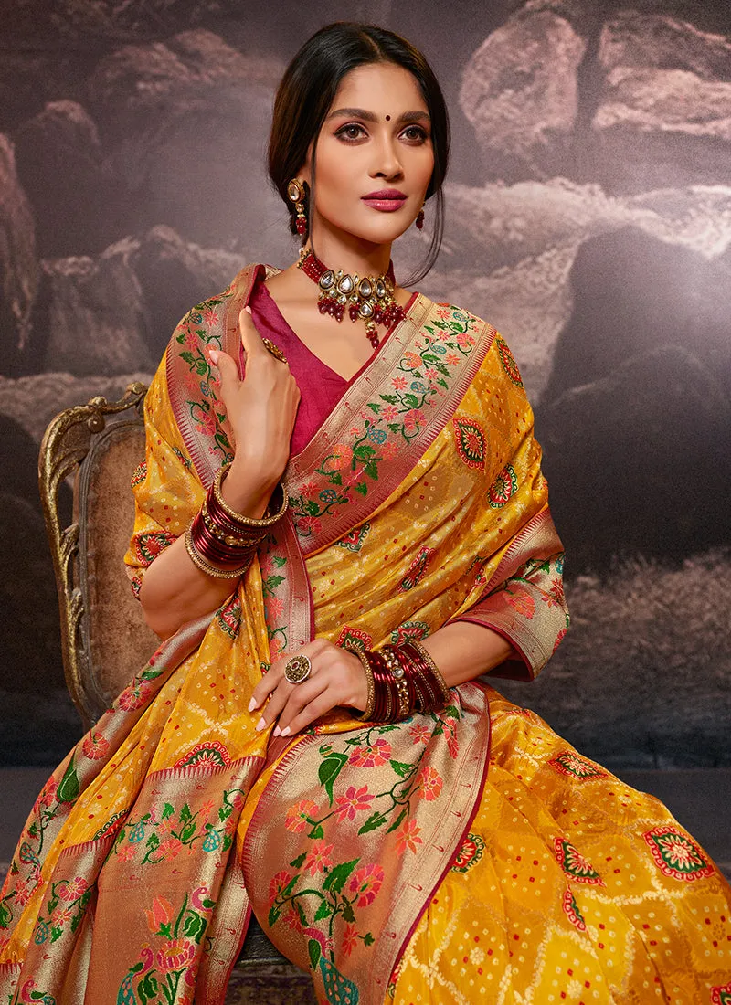 Yellow Weaved And Printed Traditional Jacquard Silk Saree