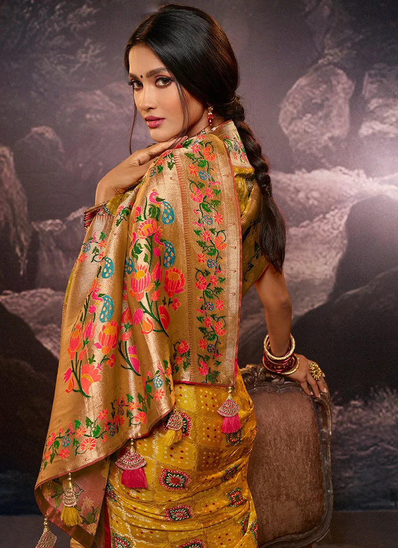 Yellow Weaved And Printed Traditional Jacquard Silk Saree