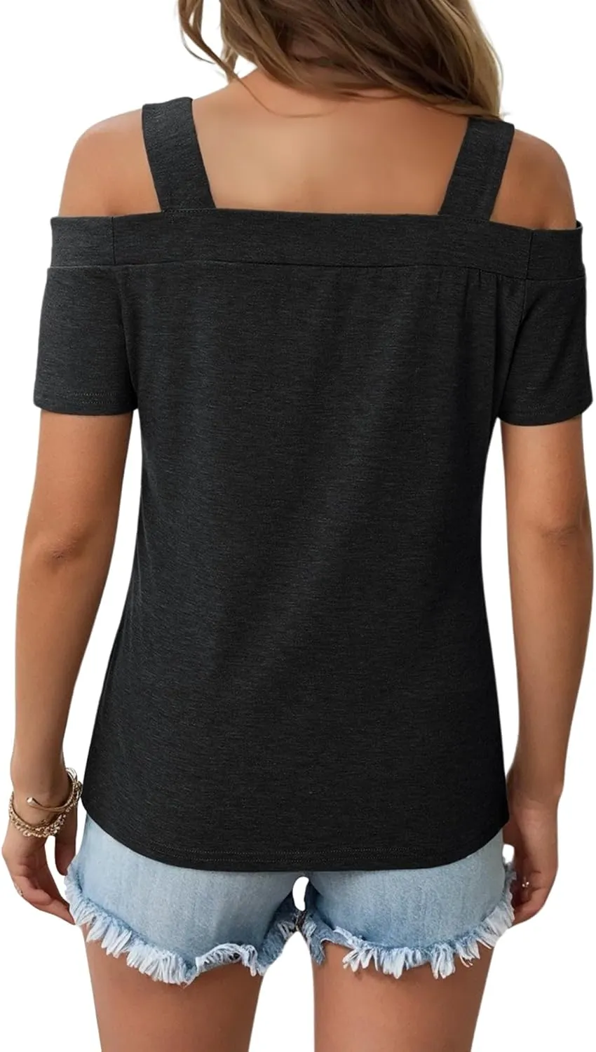 ZXZY Women Cold Shoulder Tops Summer Soft Cute Short Sleeve Cut Out Square Neck Blouse T-Shirts